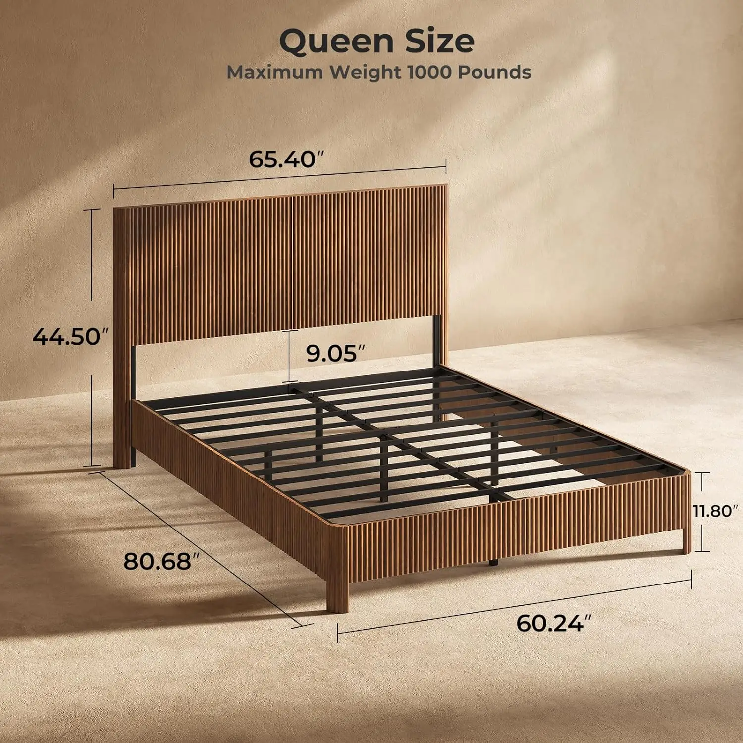 #￥Walnut Queen Platform Bed Frame Fluted Mid Century Modern Boho No Box Spring Wavy Grooved Panel, Customized