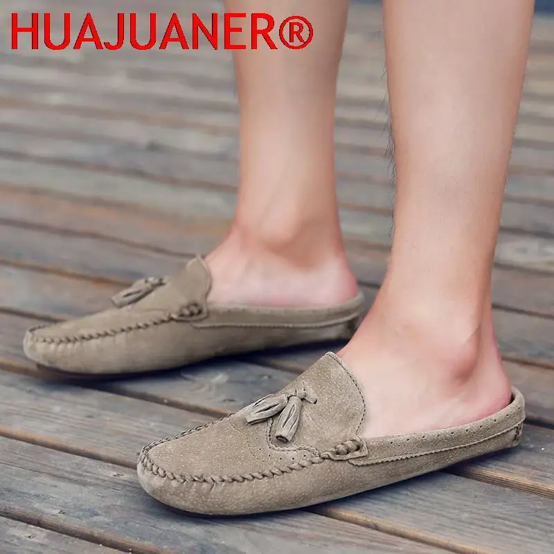 Mens Shoes Suede Casual Slippers Fashion Half Drag Loafers Light Breathable Slip on Flats Classic Outdoor Summer Driving Shoes