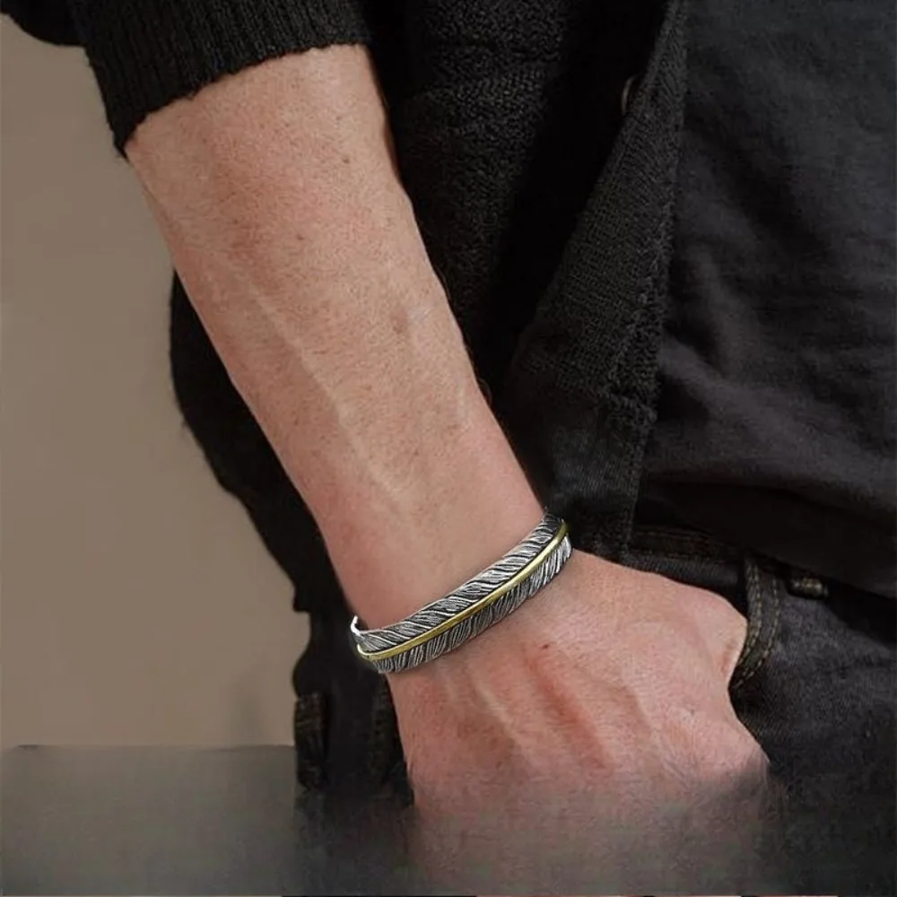1pc Tang Feather Bangle Open Cuff Men Trendy Personality Versatile Retro Bracelet Unisex Jewelry Cross Border Accessory