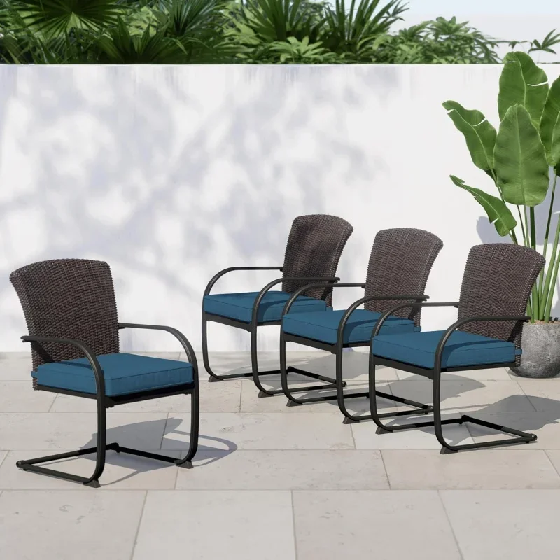 

4 Pieces Outdoor Patio Metal Dining Chairs, C-Spring Motion Wicker Dining Chairs Set of 4 with Seat Cushions for Lawn Garden Bac