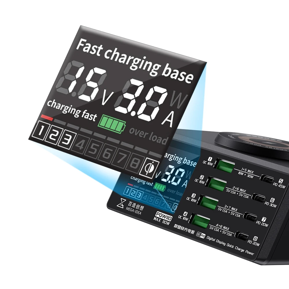 Qianli Mega-idea Digits Display Desktop Power Supply PQW110 B640 PQ687 Fast Charging Multi-ports Function Smart Protection