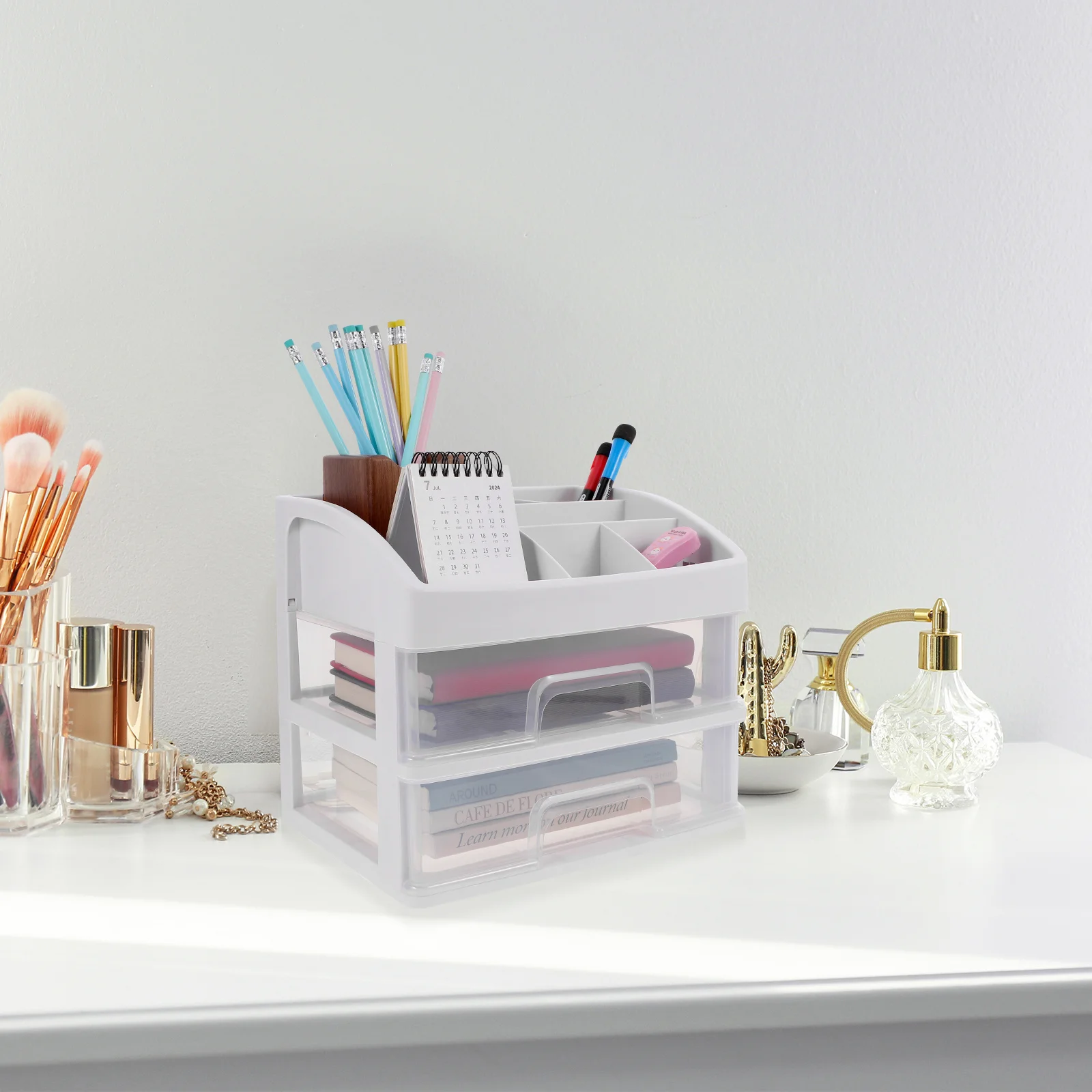 Cajón de plástico para organizador de maquillaje, caja de almacenamiento de escritorio blanca, soporte práctico para cosméticos y bolígrafos de maquillaje, 1 Uds.