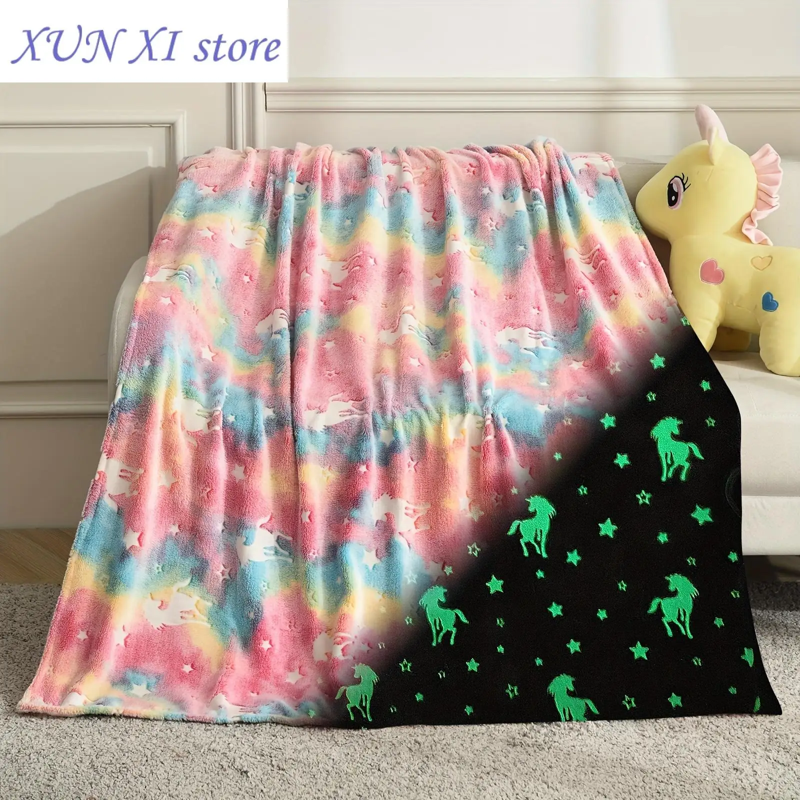 2023 New 1pc Glow In The Dark Blanket Pink Unicorn Throw Blanket For Bedroom Living Room Home Decor