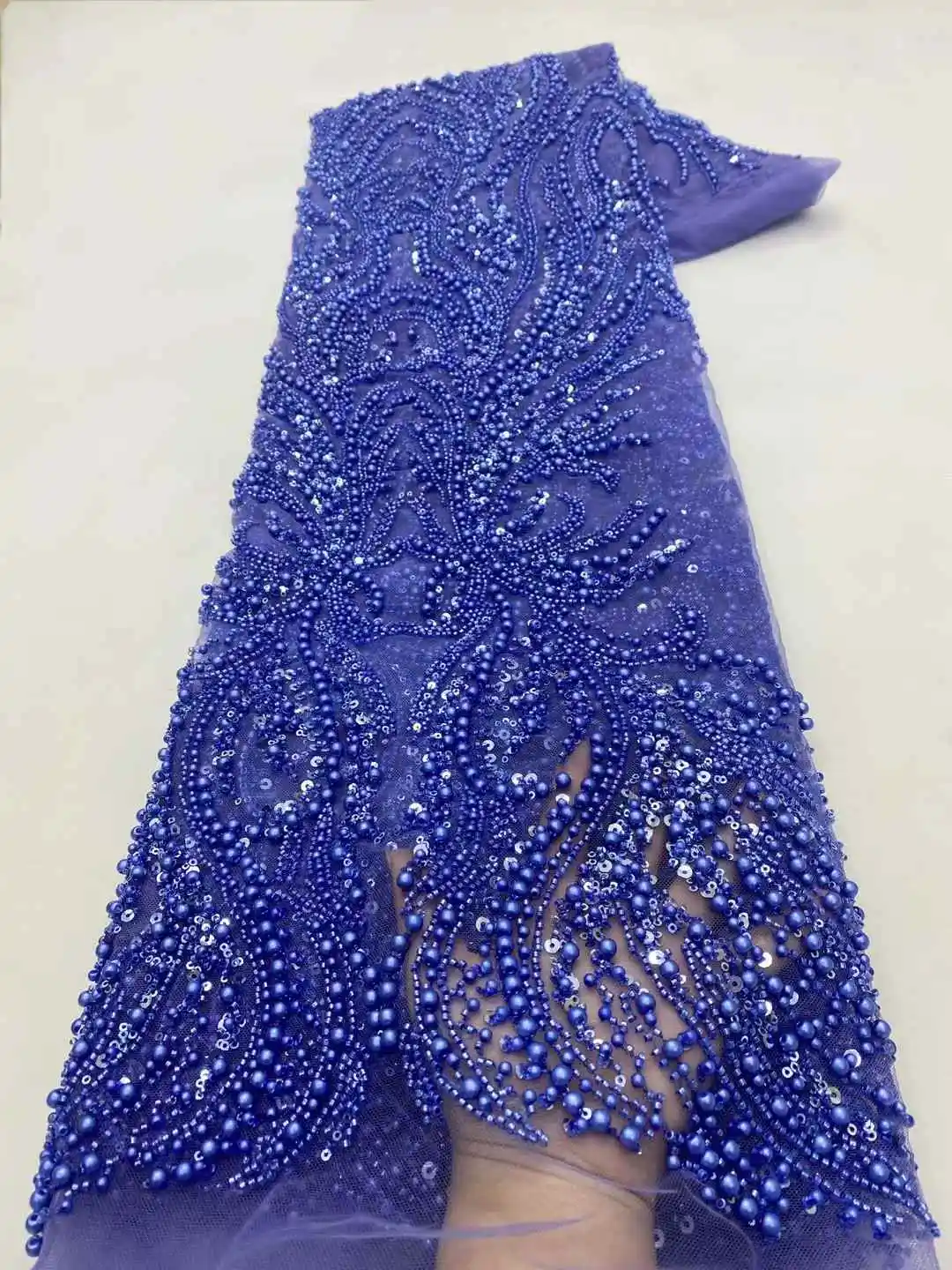 

Wholesale African Heavy Beaded Lace Fabric 2025 High Quality 5 Yards Sequins French Tulle Bead Lace for Wedding Party Dresses