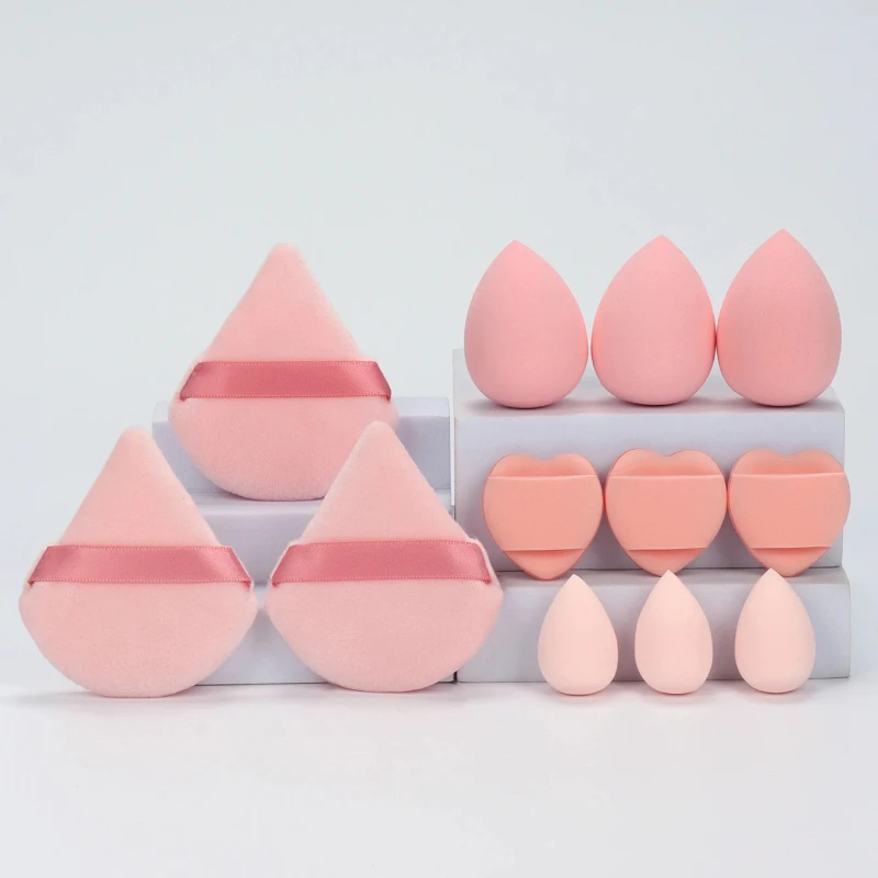 Set di 12 spugne per trucco multiuso, realizzate con 3 bignè di cipria sfusa, 3 mini soffio a cuscino d'aria, 3 uova di bellezza e 3 mini bellezza