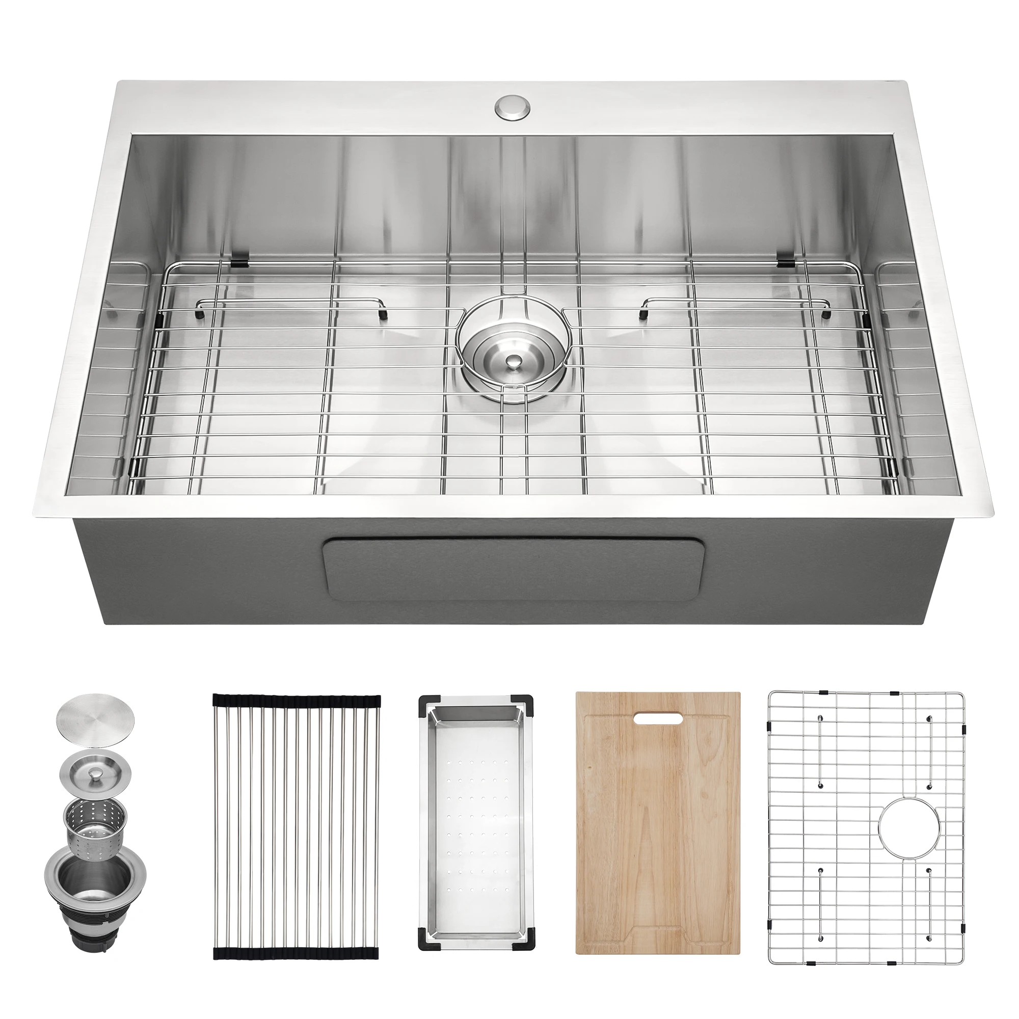 Sarlai 33 Drop in Kitchen Sink Workstation  Stainless Steel 16 Gauge Single Bowl Handmade Topmount Sink with Cutting Board