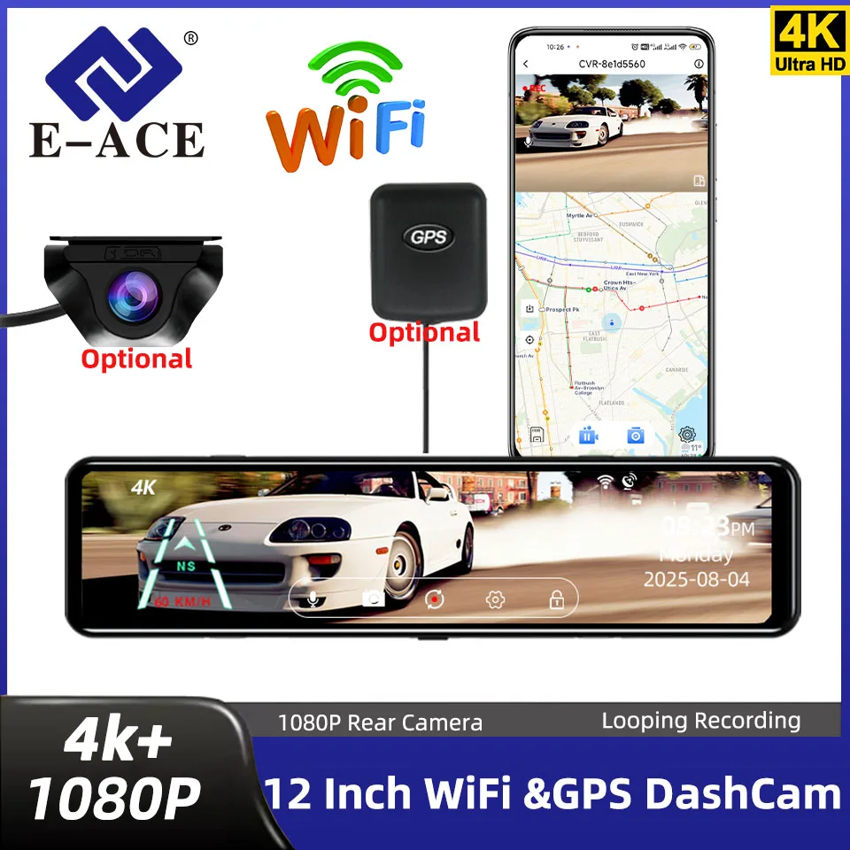 E-ACE A45P 4K WIFI GPS Car DVR 12 Inch Touch IPS Screen Park RearView Mirror Optioanl Rear View Camera Dashcam Video Recorder