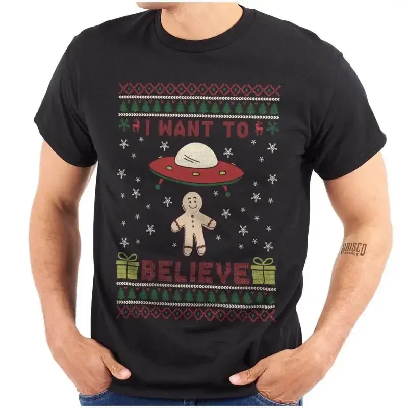 

Ugly Christmas I Want To Believe Gingerbread Womens or Mens Crewneck T Shirt Tee