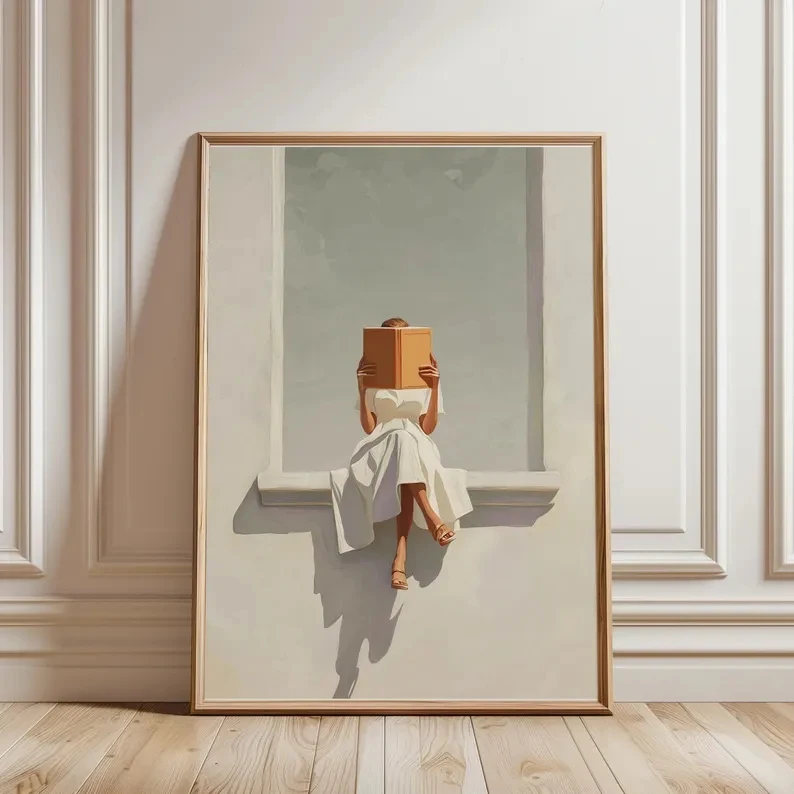 Moderne Frau liest und sitzt am Fenster, Kunstdruck auf Leinwand, Poster, Bild für Wohnzimmer, Schlafzimmer, Heimdekoration