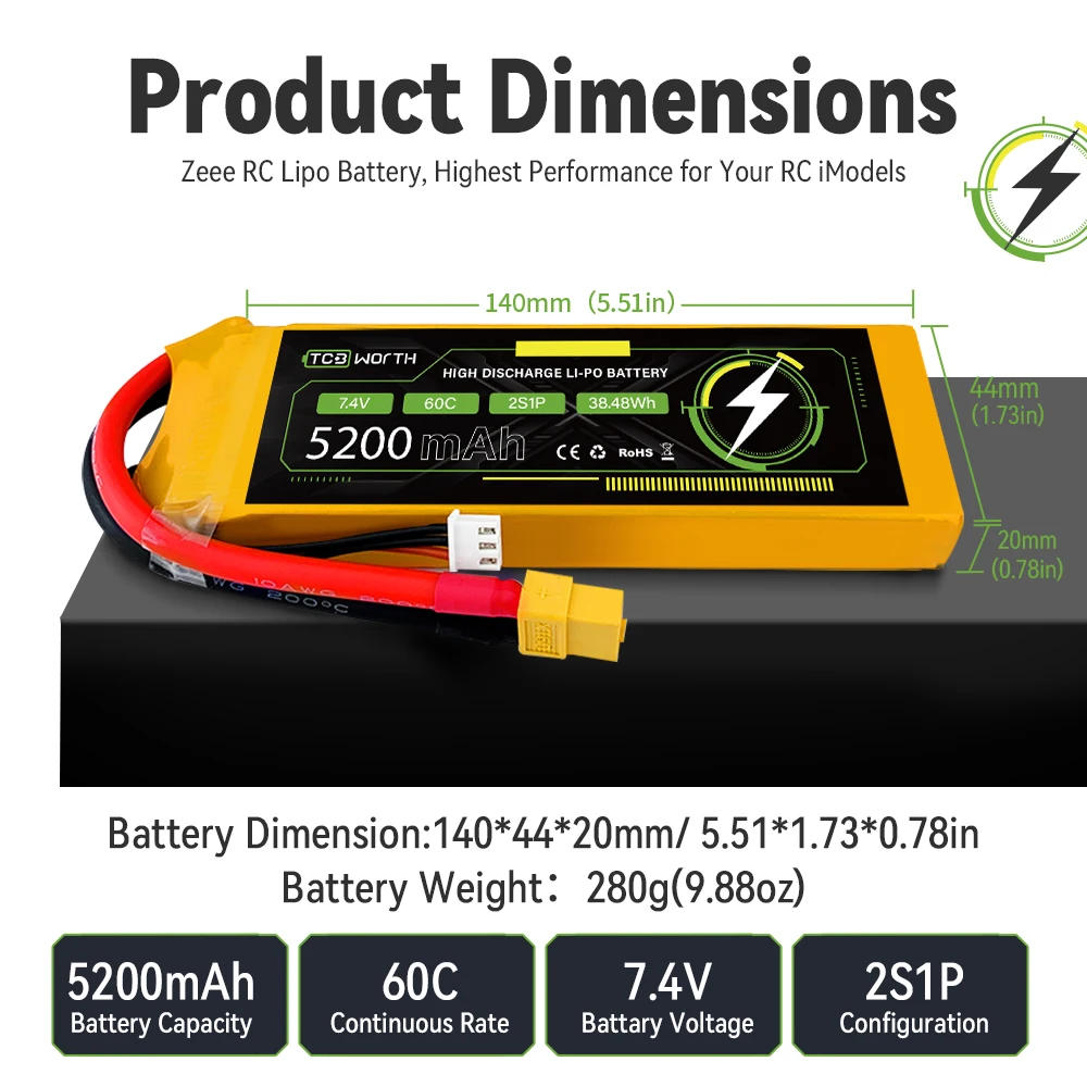 11.1V 3S LiPo Battery 5200mAh 60C with T/ XT 60 Plug for RC Car RC Truck Airplane Helicopter Boat Car Racing RC Hobby 1 Packs