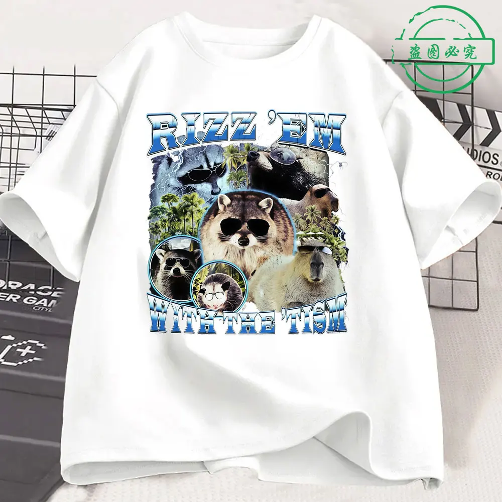 Rizz Em مع The Tism مضحك كابيبارا الراكون تي شيرت الرجال النساء الملابس عادية القطن موضة المتضخم تي شيرتات قصيرة الاكمام