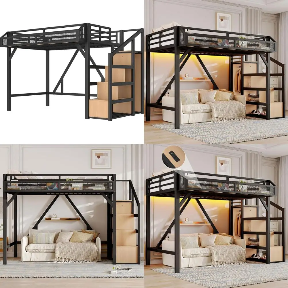 

KALALLA Twin XL Metal Bunk Bed with Storage, LED Lights, USB Ports, and Convertible Stairs for Kids & Adults in Black