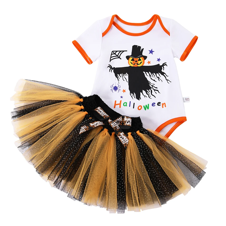 Halloween Cospaly Clothes Baby Girl Romper+Dress 2 pcs Cartoon Pumpkin Long Sleeve Tutu Dress Party Dress Clothing 0-24 Month