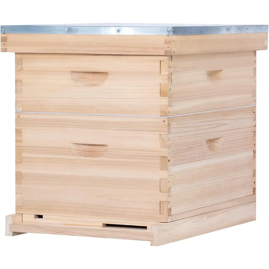 10 Frame Bee Hive, Compelte Bee Hive Starter Kit Includes 1 Deep Brood Honey Bee Hives Box, 1 Medium Super Bee Box with Beehive