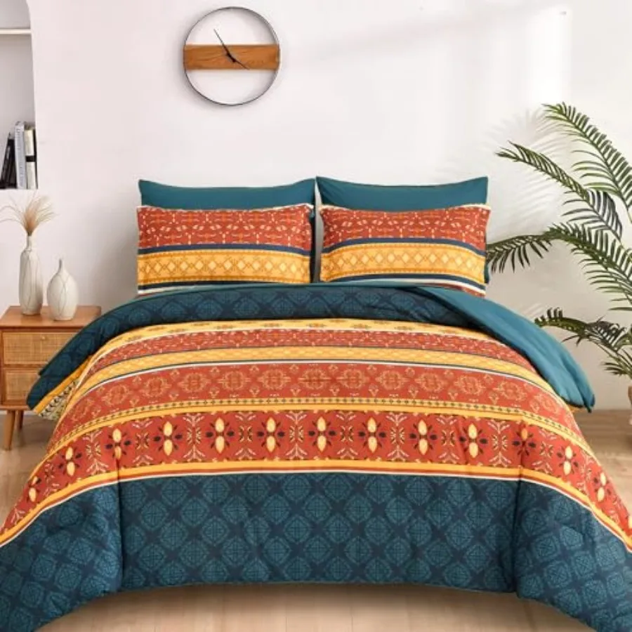 

Boho Comforter Set Size, 7 Pieces Bed in a Bag Bohemian Striped Bedding Set, Paisley Floral Comfortet and Sheet Set, Soft Micro