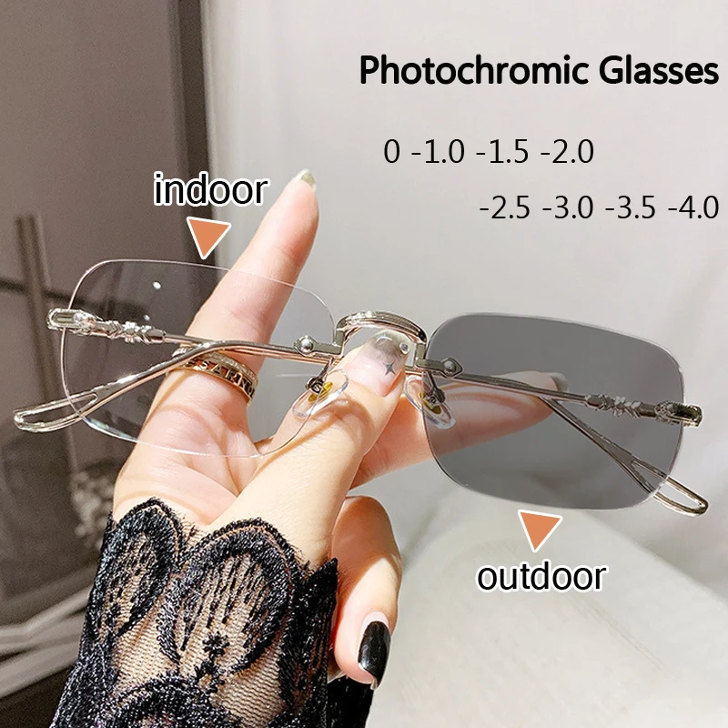 

Ultralight Rimless Finished Photochromic Minus Glasses Vintage Women Square Frame Computer Myopia Eyewear with Diopter 0 TO -4.0