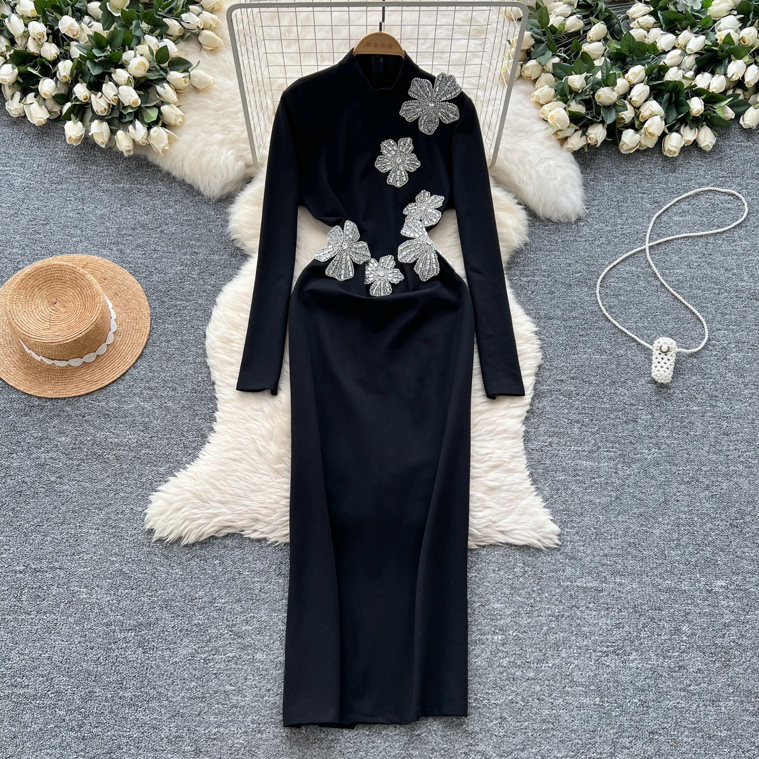 Elegant Stand Collar Vintage Long Sleeve Chic 3D Rhinestone Floral Slim Split Dresses Evening High Street Autumn Winter Clothing