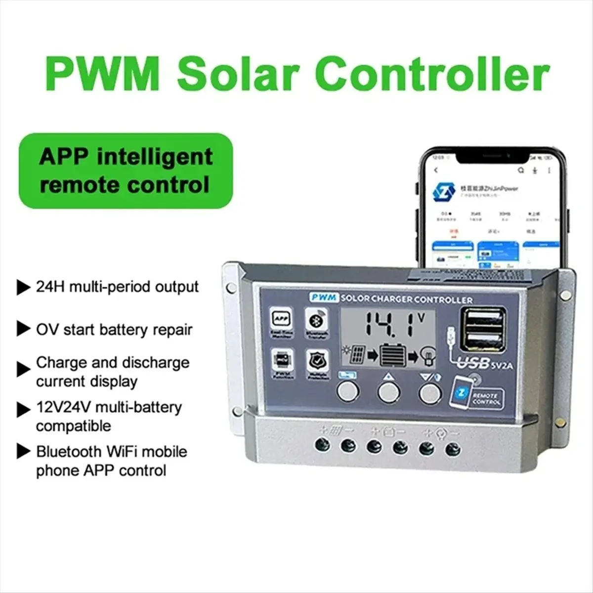 Dynamic PWM Solar Charge Controller Wifi Bluetooth 60A 12V 24V Auto Dual USB Load Discharger Solar Panel Regulator LCD Display