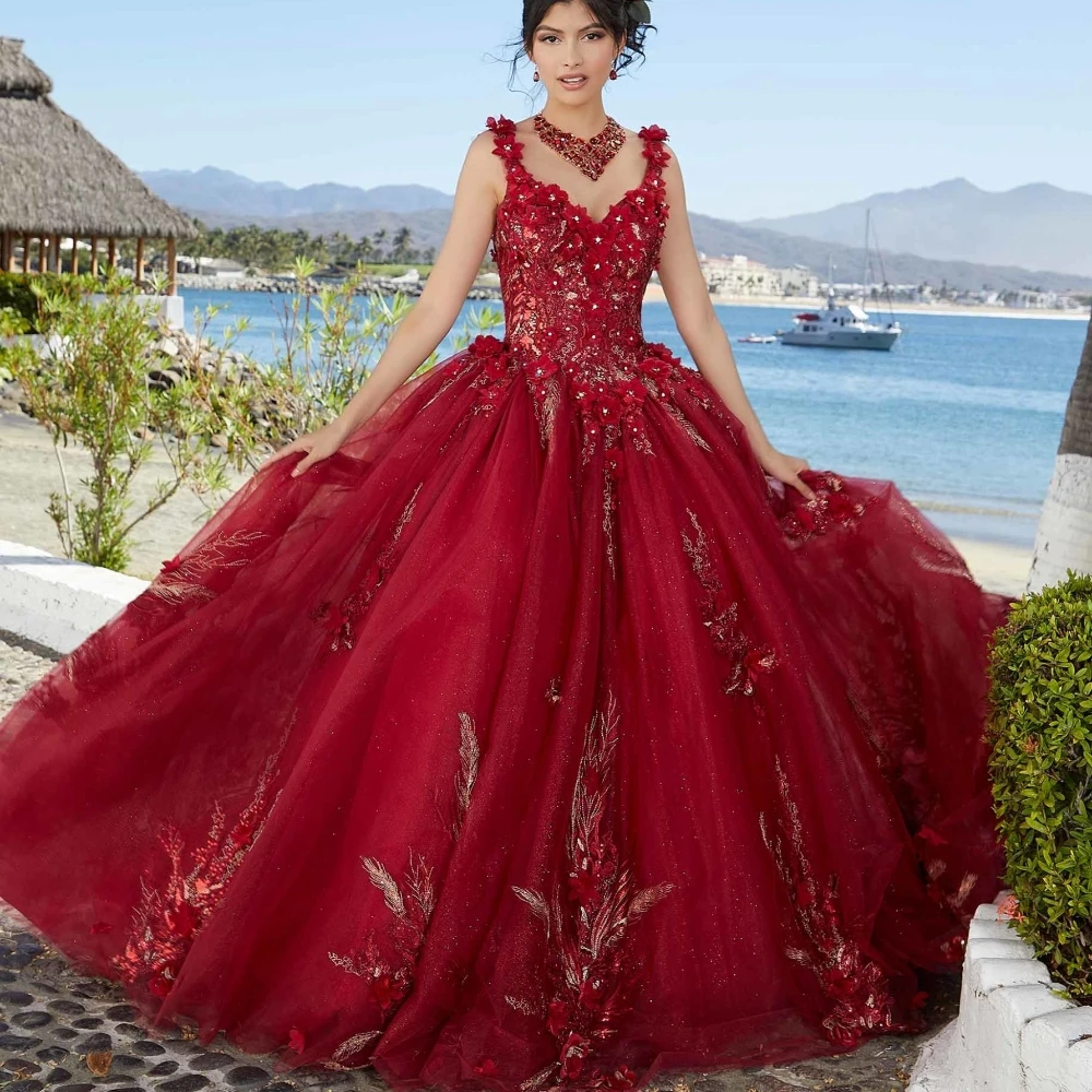 

EVLAST Customized Burgundy Quinceanera Dress Ball Gown 3D Floral Applique Beaded With Cape Sweet 16 Vestidos De XV Anos TQD131