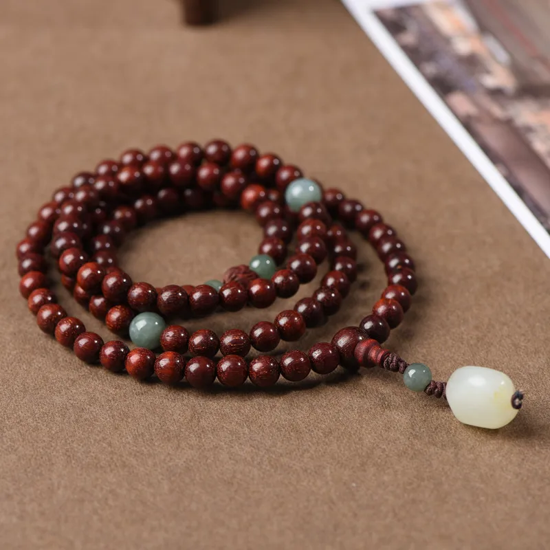 African Red Sandalwood 108-Bead Bracelet with Hetian Jade Pendant, Multi-Wrap for Men & Women, Gift Option