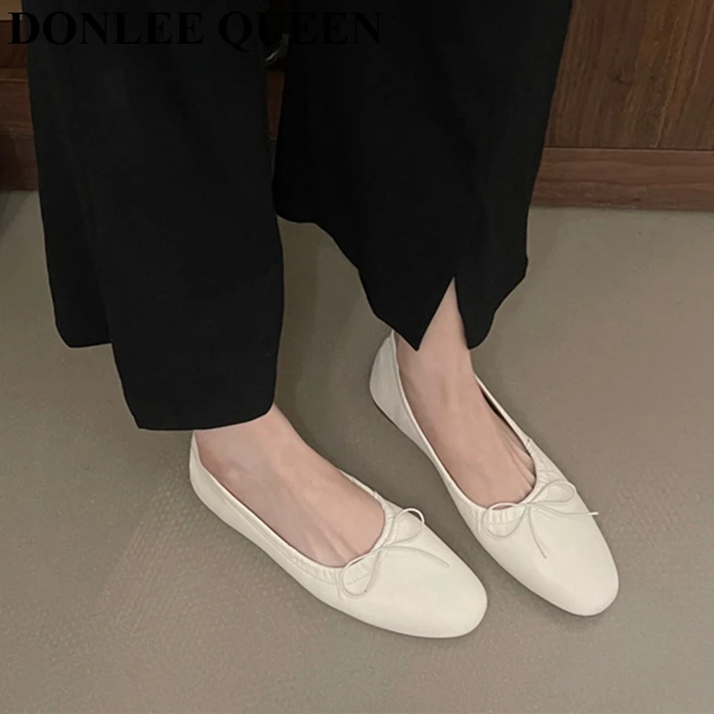 2024 Spring Round Toe Flat Casual Shoes Women Flats Ballet Female Ballerina Soft Moccasins Female Bow Knot Shallow Classic Mujer