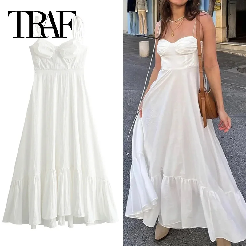 TRAF White Long Dresses For Women Ruffle Slip Corset Dress Woman Fashion Sleeveless Backless Summer Sexy Holiday Party Dresses