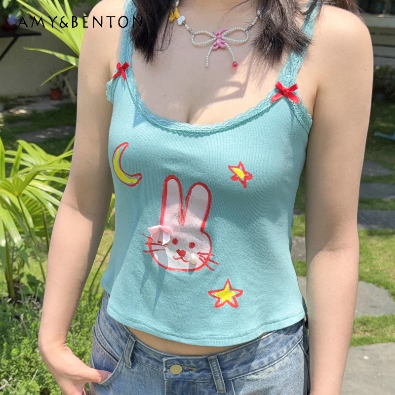 

Original Illustration Printing Childlike Three-dimensional Bow Women's Camisole 2025 Summer New Slimming Thin Sling Vest Ladies