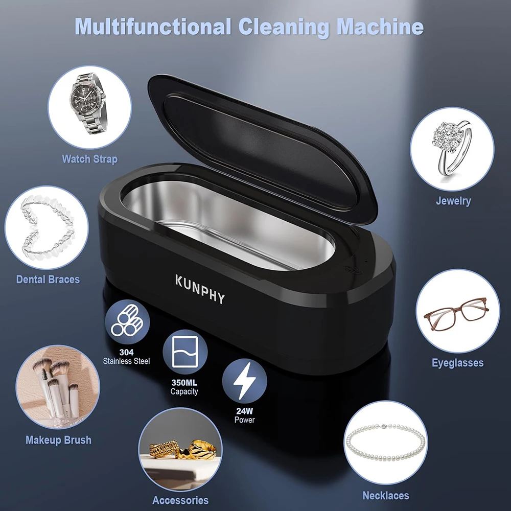 KUNPHY 46kHz Stainless Steel 360° Deep Cleaning Machine 12oz Multi-function Ultrasonic Jewelry Cleaner For Glasses Watches Sonic
