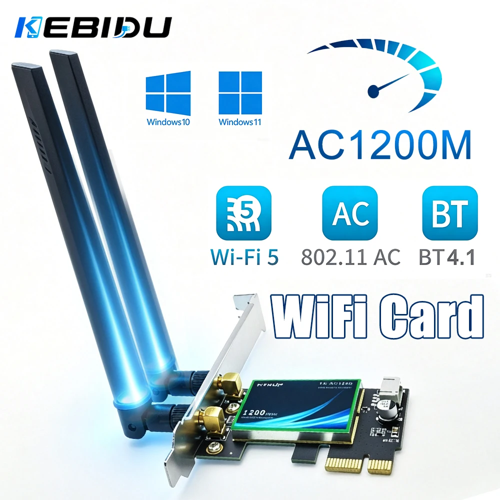 KEBIDU 1200Mbps PCIE WiFi Card Dual Band 2.4G 5GHz 802.11AC Wireless Adapter With Bluetooth 4.1 For Desktop Win7 Win10 Win11