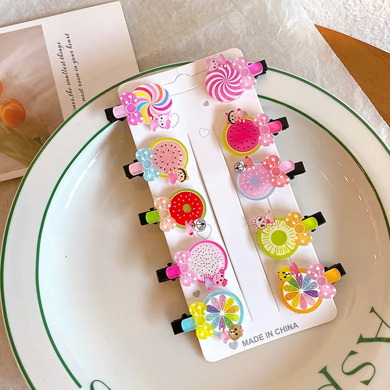 Girls Cute Hair Clips Candy Barrettes Fun Fruit Hair Accessories Cartoon Ice Cream Cloud Lollipop Hairpin 10Pcs