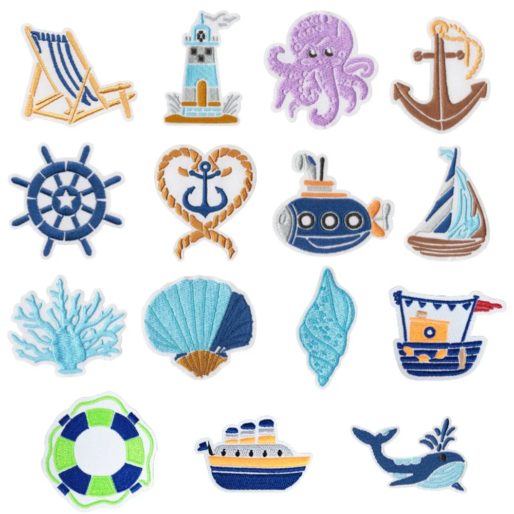 

Cotton Ocean Embroidery Patch DIY T-shirt Cloth Backpack Decoration Accessories Iron on Patches Sewing Appliques Stickers Scp