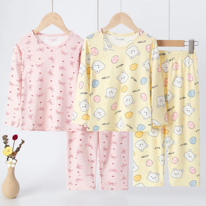 2-piece Autumn And Winter Girl Sweet And Cute Long Sleeved Set Children's Comfortable Base Shirt Elastic Waist Pants Home Set