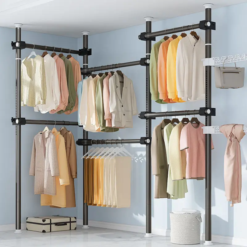 Freestanding Tension Clothing Rack Shelf Stainless Steel Hanging Rails Foldable Wings Multiple Bar Configurations Bedroom