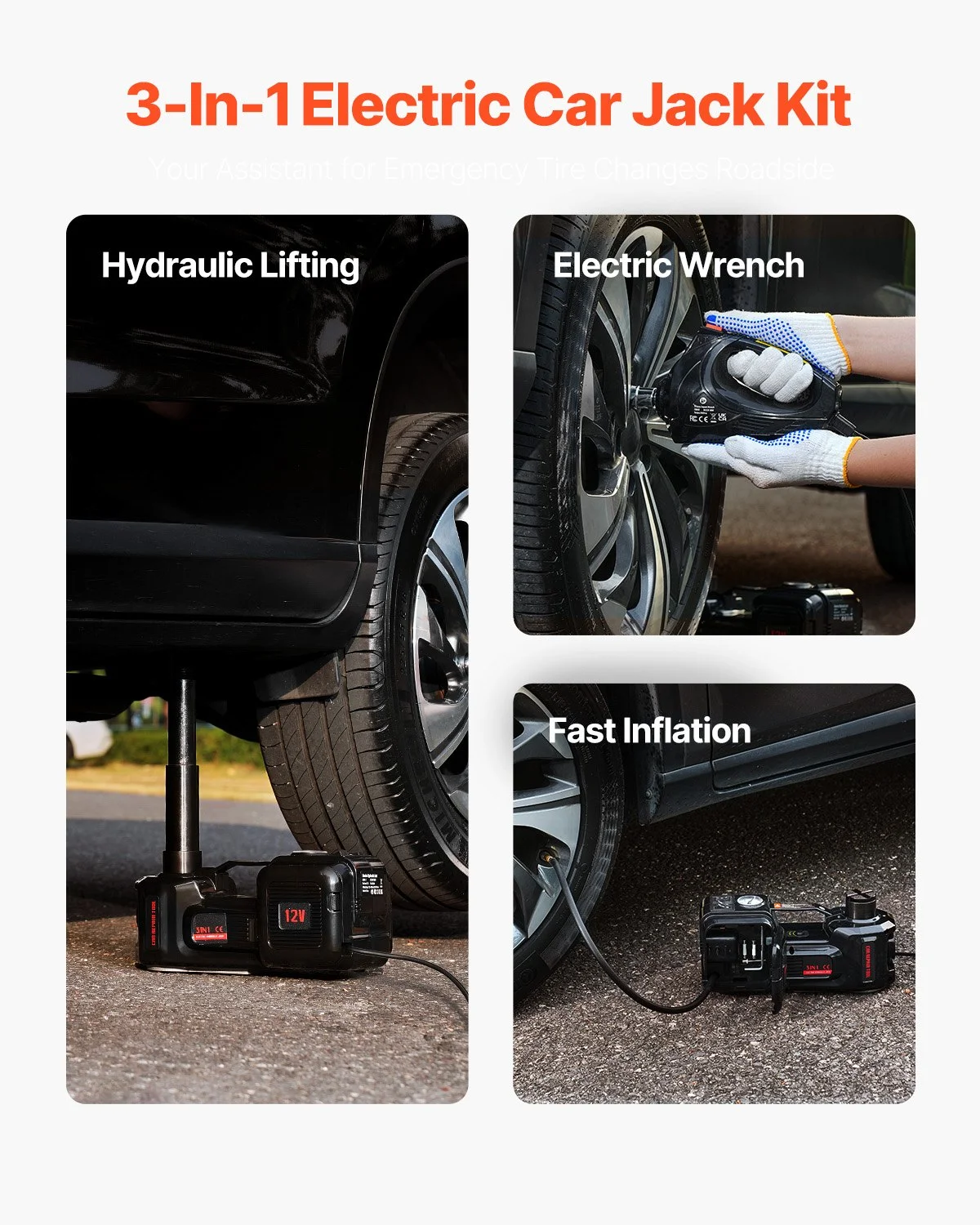 SIHAO 5T Electric Car Jack Electric Scissor Jack 12V Tire Changer with Electric Impact Wrench & LED Light for Sedan SUV Truck
