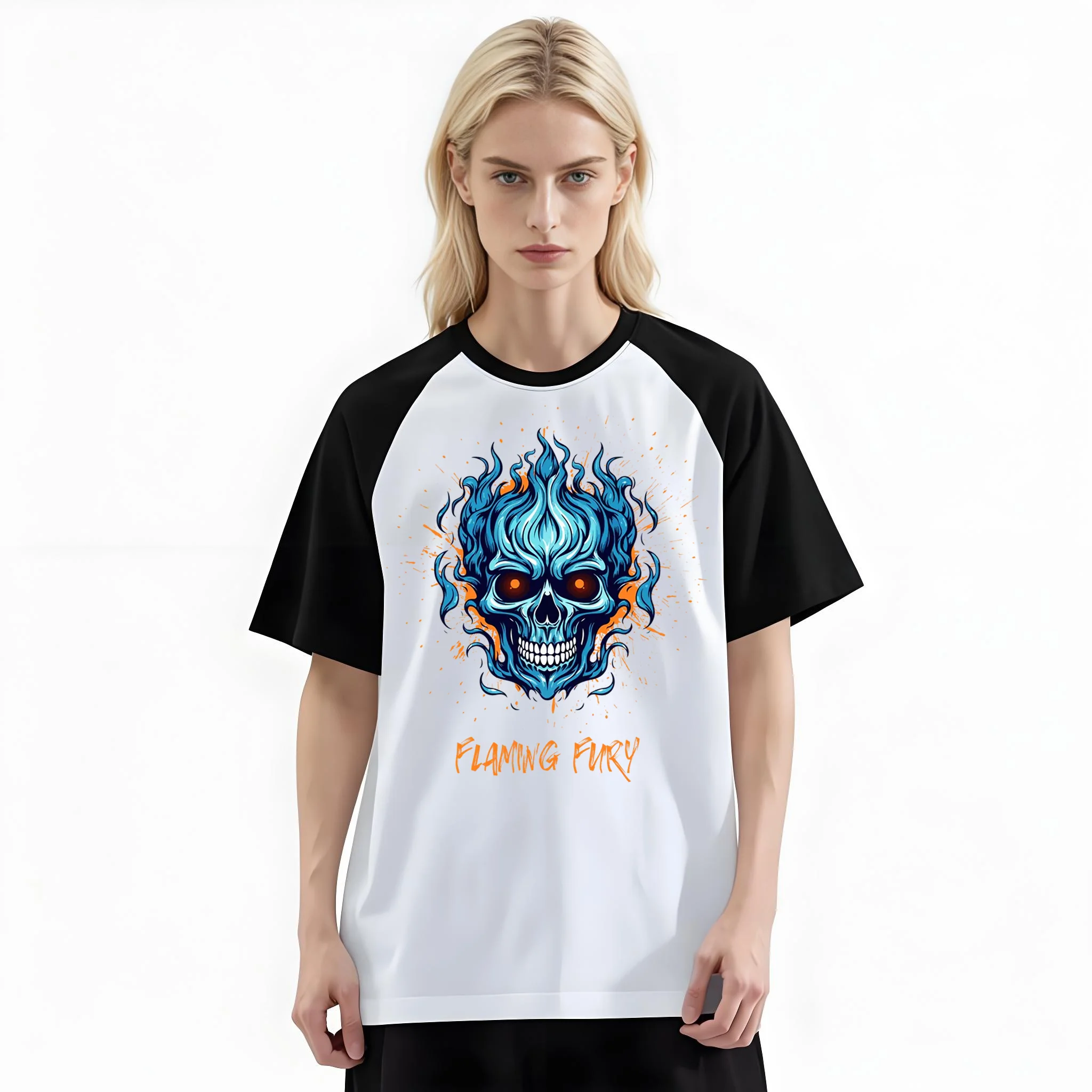Women'S Fashion Raglan Sleeve T-Shirt, Flaming Fury Blue Fire Splash Skull Hardcore Dark Printed, Summer Casual Comfortable Tee, Women'S Everyday Short-Sleeve Top