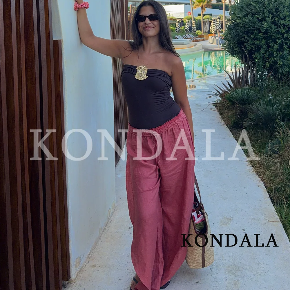KONDALA Women Summer Casual Drawstring Trousers Simple Street Style Split Pants 2026 Trendy Elegant Holiday Leisure Long Pants