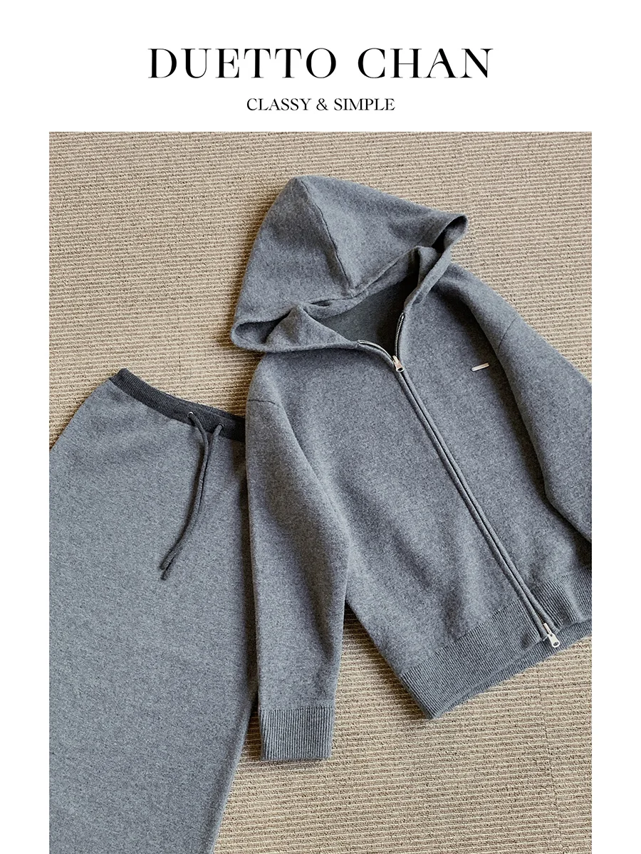 

Duetto Thiened Double-Sided Woolen Knitted Hoodie Cardigan Skirt Set Winter Faion Women's Ensemble Warm Cozy Outfit Set