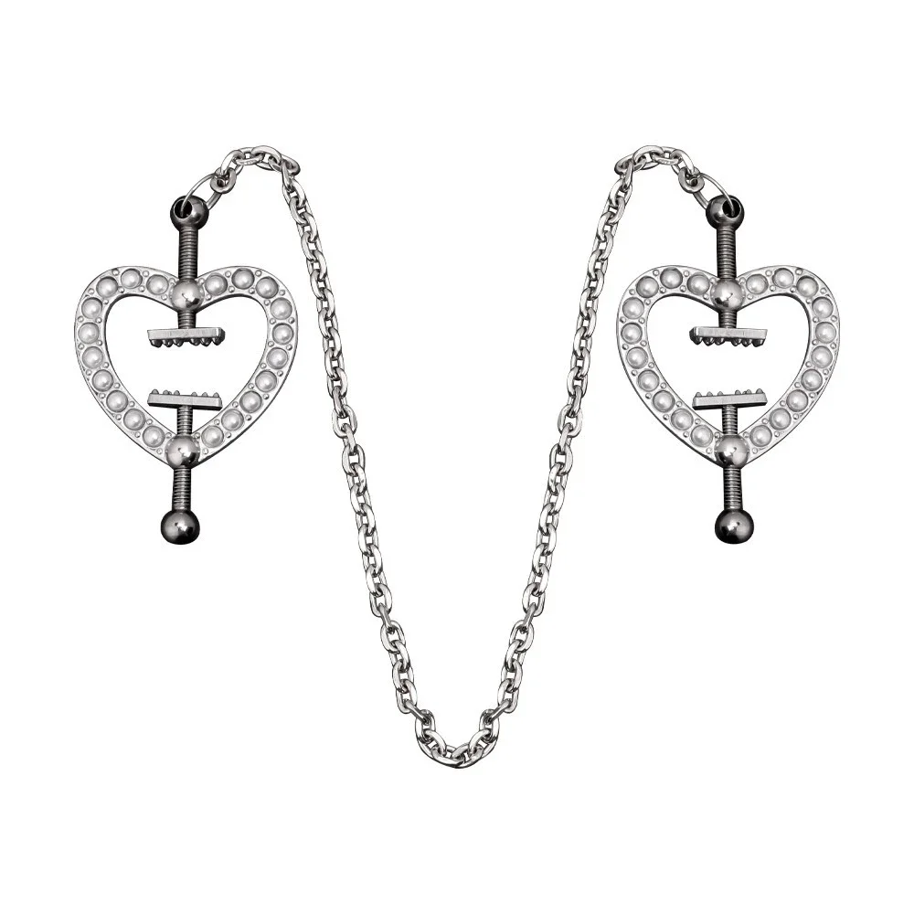 Fashion Stainless Steel Nipple Clips with Chains and Belts Couple Playing Love Shaped with Pearl Decor Female Wearing Adult Toys