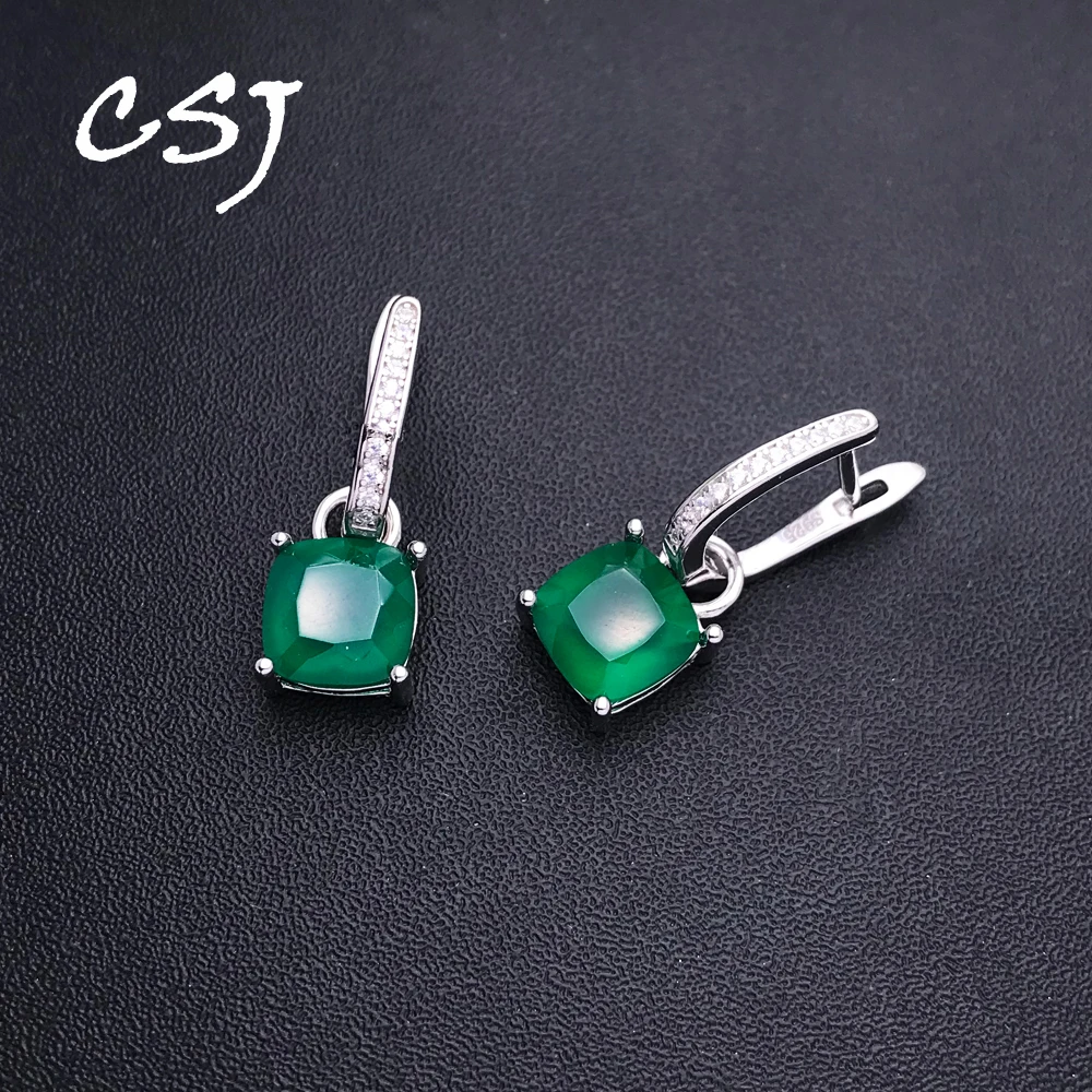 

CSJ Elegant Black Onxy Earrings Sterling 925 Silver Gemstone Green Agate Cushion 8mm for Women Party Birthday Jewelry Gift