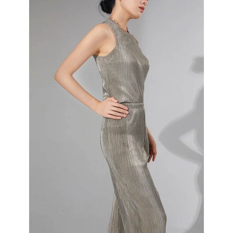 Boutique MIYAKE Style High end pleated two-piece set with metallic and unique T-shirt top draped casual pants [Z3207]