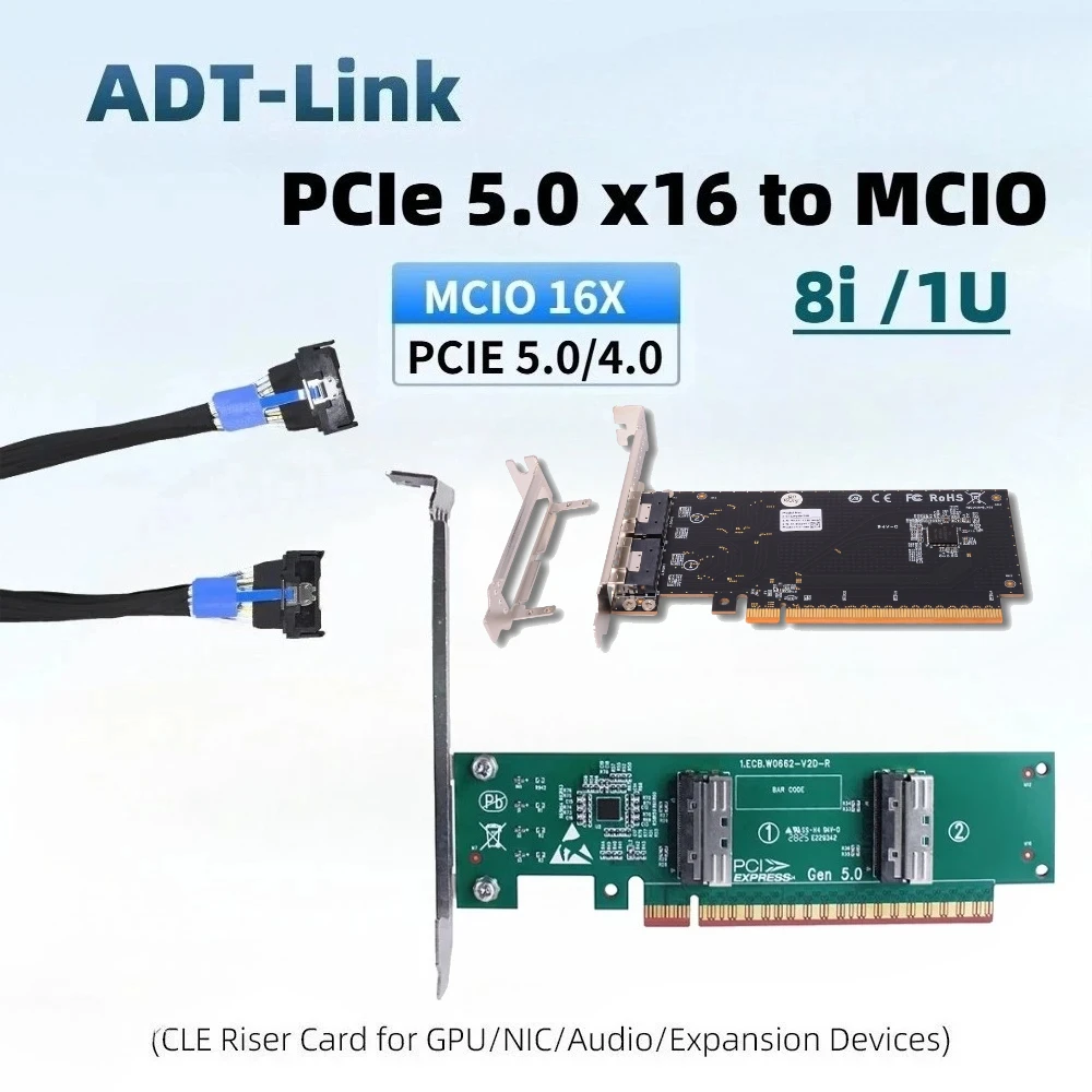

PCIe 5.0 4.0 16x To MCIO 8i Split Riser Card SlimSAS 8654 Adapter Motherboard for Server 1U GPU External Expansion X8 / X16 Mode