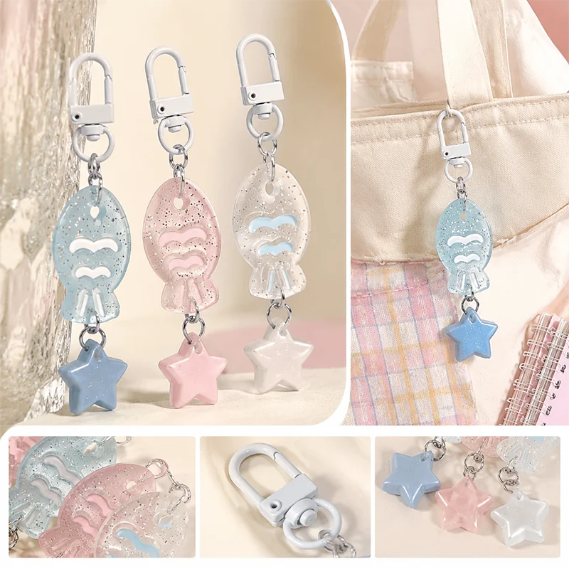 Ocean Series Resin Fish Starfish Key Chains for Women Shiny Cute Colorful Transparent Women Heart Bag Key Pendant Accessories