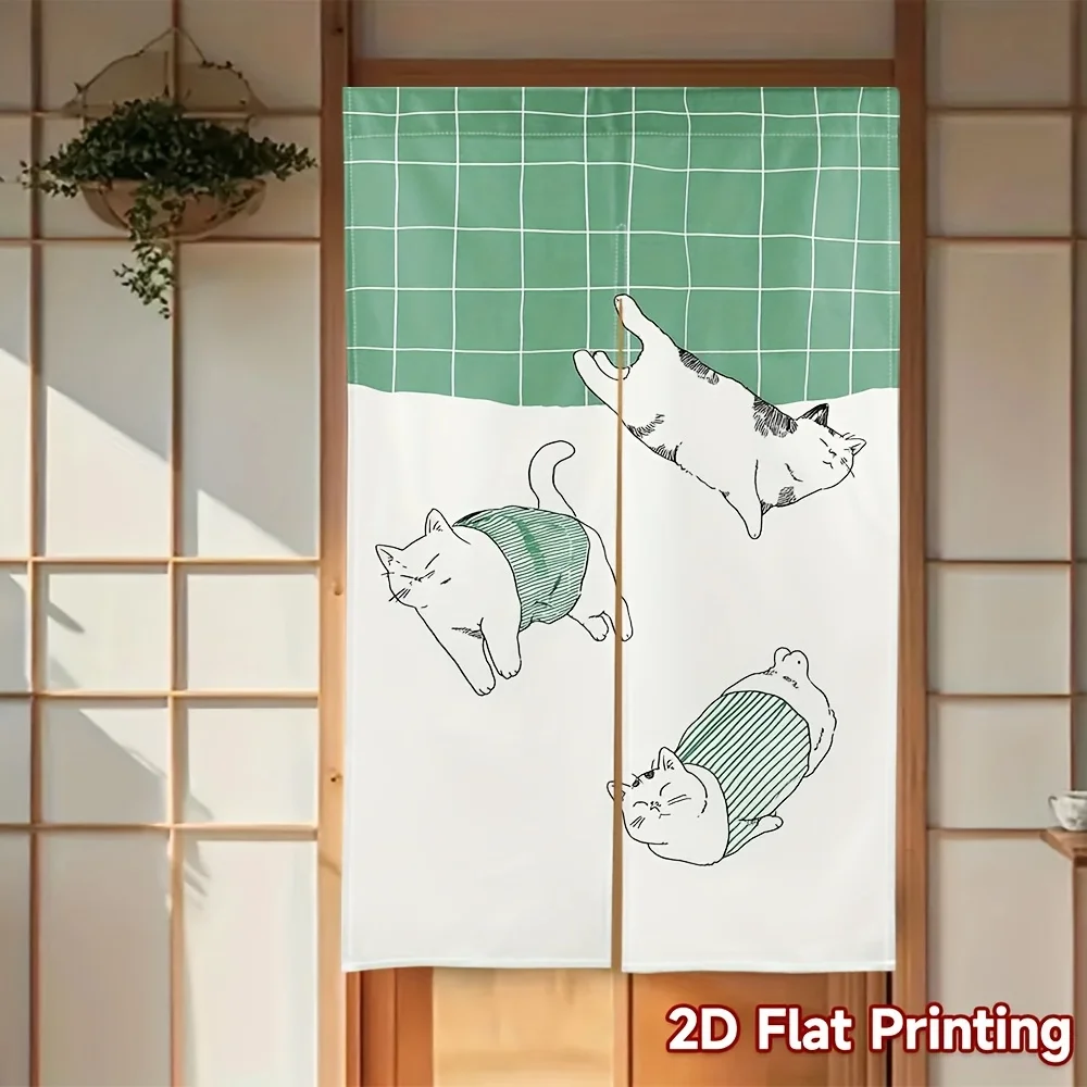 VIKAMA Green Gingham Lazy Cat Door Curtain Fresh Cozy Print,  Nordic Style Partition Curtain for Bedroom & Study Decoration