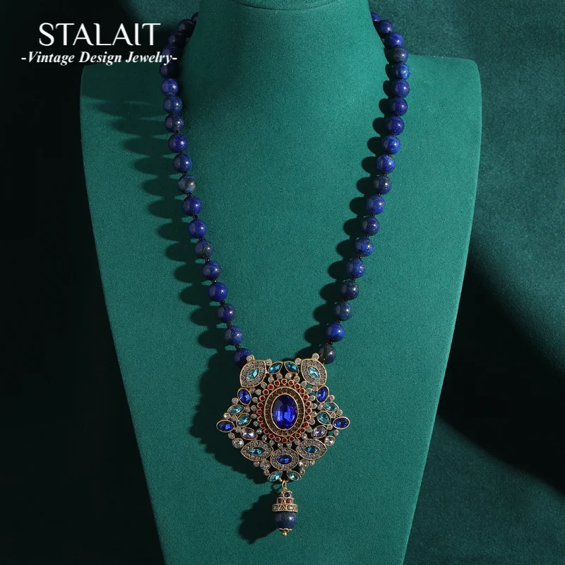 

Retro Vintage Jewelry Blue Stone Beads Necklace Big Rhinestones Hanging Tag Pendant Party Charm Luxury Designer Accessories 2025