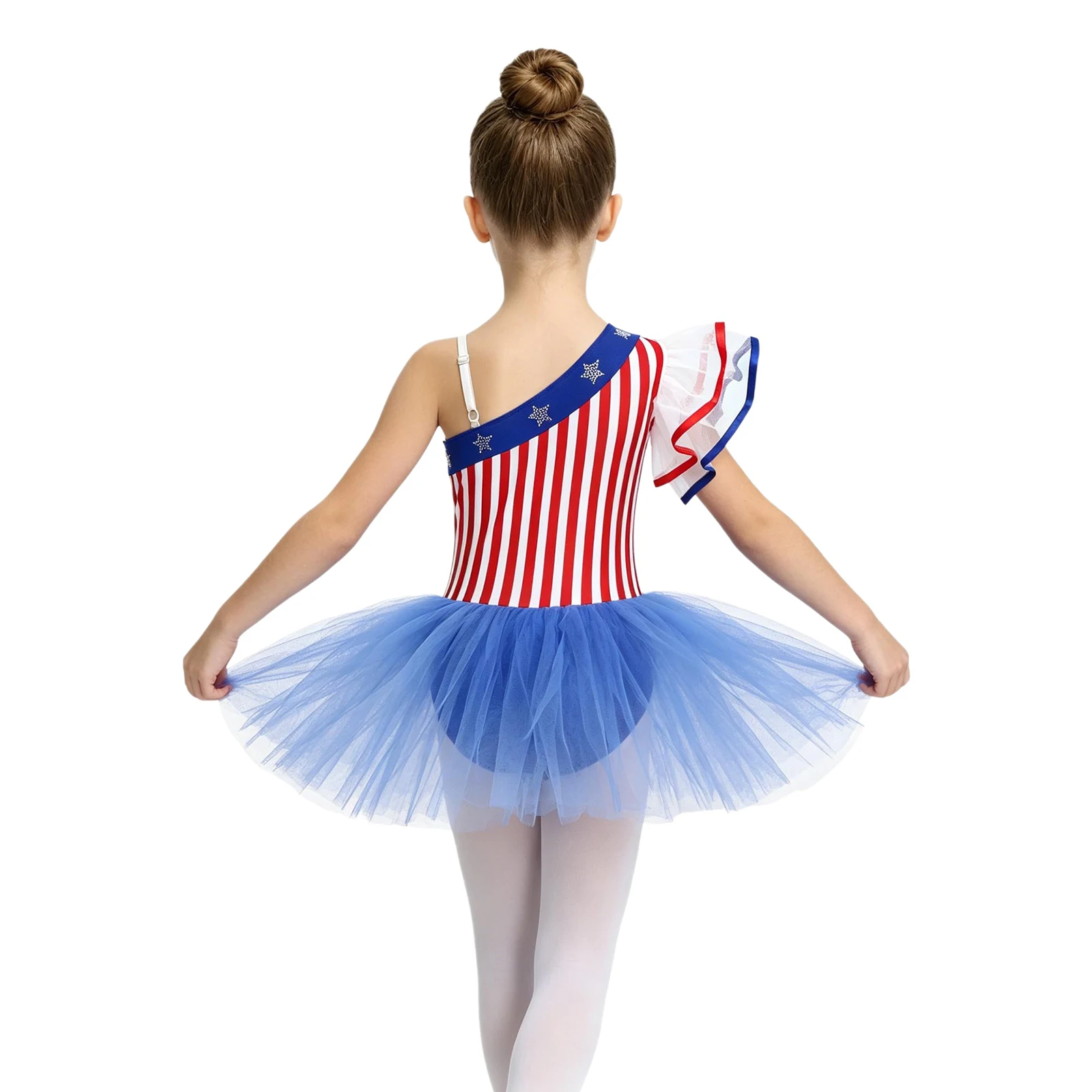 Kids Girls Ballet Jersey Gymnastics Leotards Tulle Dress Shiny Rhinestones Circus Ringmaster Performance Costume Stripe Jumpsuit