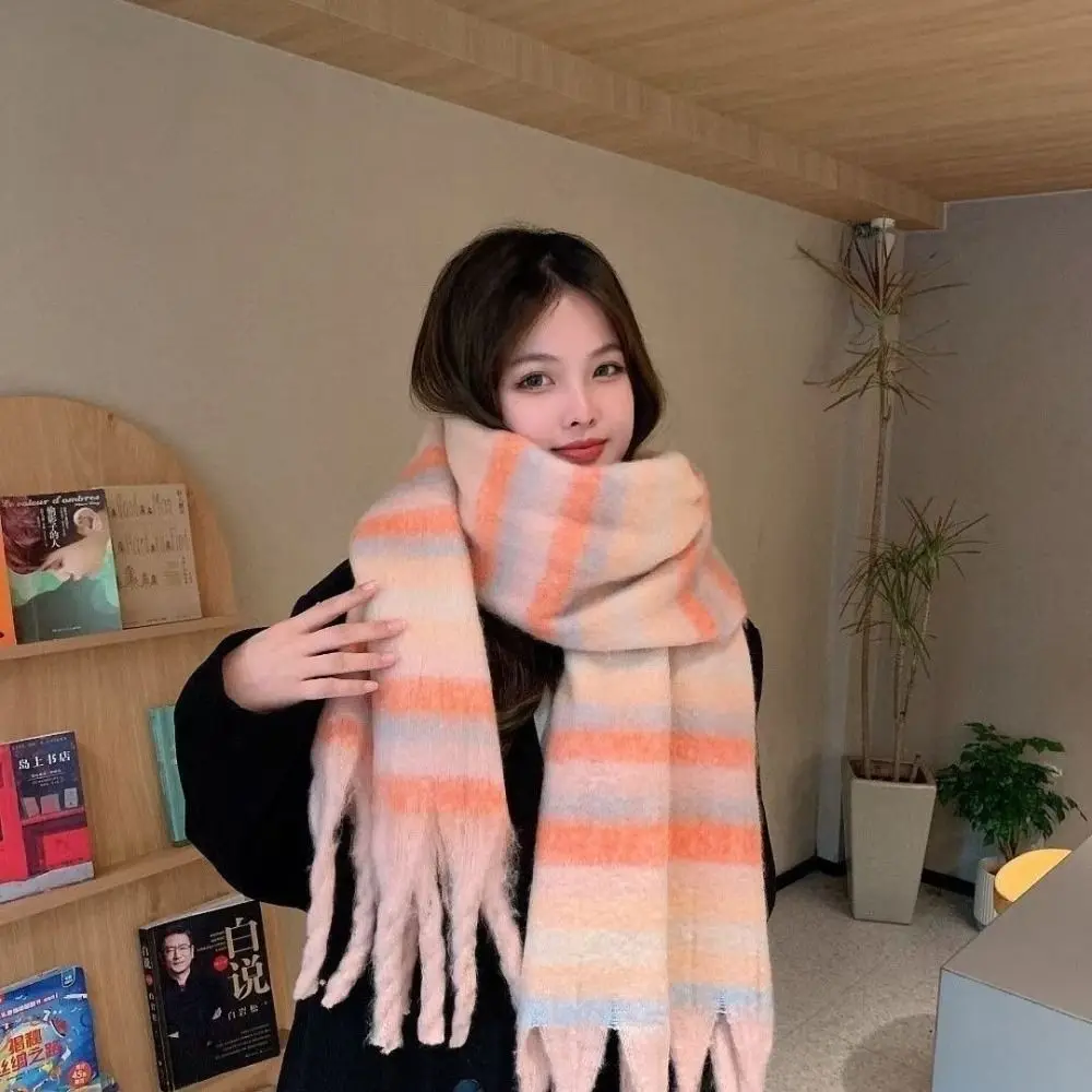 Retro Warm Winter Cashmere Scarf Stripe Pattern Soft Long Tassel Scarves Mohair Plaid Thickened Shawl Wrap Girls