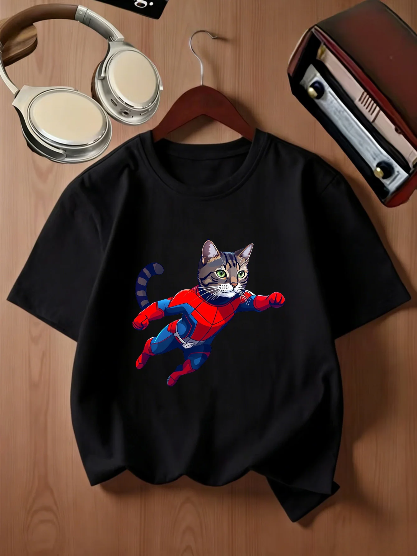 Cool Tabby Cat In Spider Hero Suit Creative Cartoon Print Kids T Shirt Boys Girls Family Matching Summer Crew Neck Casual Tee