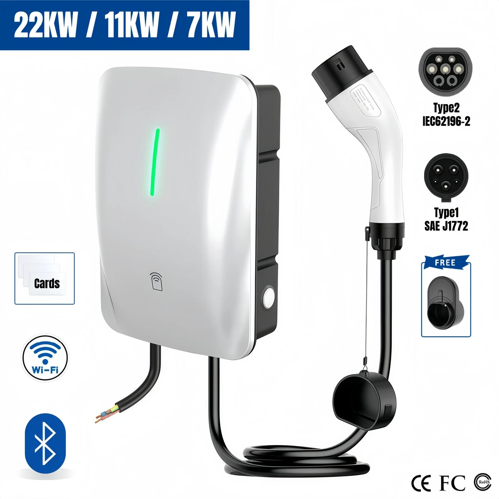

Electric Car Charger 22KW 11KW 7KW Wallbox 3Phase EV Charger Type2 IEC62196-2 Type1 J1772 Socket 5M Cable with Cards APP