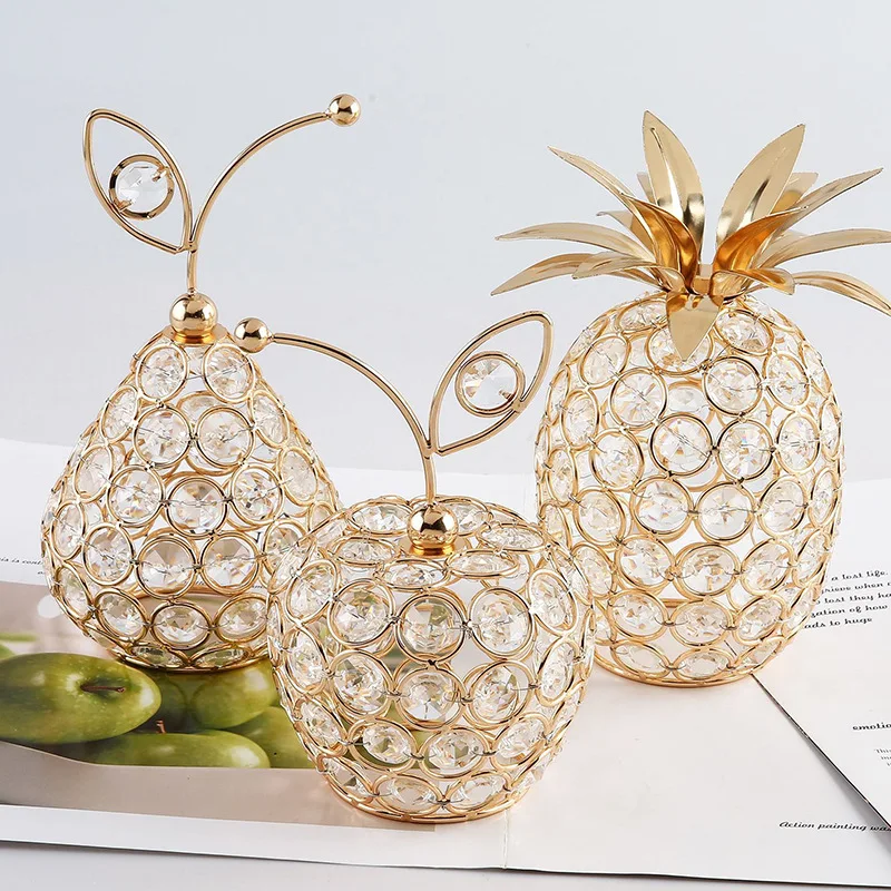 

Creative Fruit Shape Crystal Apple Jewelry Shining Rhinestone Pineapple Miniature Snow Pear Crafts Home Decoration Props