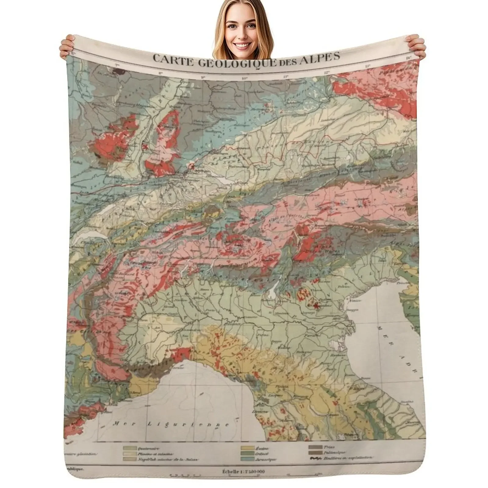 Mapa de geología de los Alpes Vintage (1921), manta Vintage Swiss Mountain Range Geologic Atlas, manta a cuadros para cama individual de playa